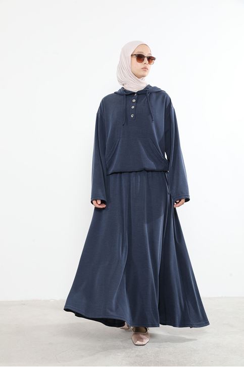 Kadın Önü Çıtçıt Pat Detaylı Kanguru Cepli Kapüşonlu Tesettür Etekli Takım Lacivert