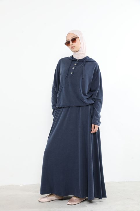 Kadın Önü Çıtçıt Pat Detaylı Kanguru Cepli Kapüşonlu Tesettür Etekli Takım Lacivert
