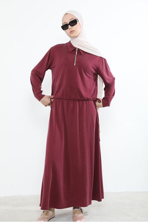 Kadın Polo Yaka Fermuar Detay Tunik Büzgü Detaylı  Tesettür Etekli Takım Bordo