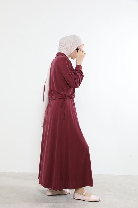 Kadın Polo Yaka Fermuar Detay Tunik Büzgü Detaylı  Tesettür Etekli Takım Bordo