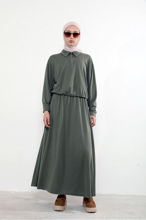 Kadın Polo Yaka Fermuar Detay Tunik Büzgü Detaylı  Tesettür Etekli Takım Haki