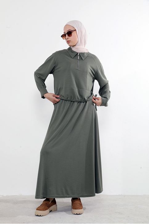 Kadın Polo Yaka Fermuar Detay Tunik Büzgü Detaylı  Tesettür Etekli Takım Haki