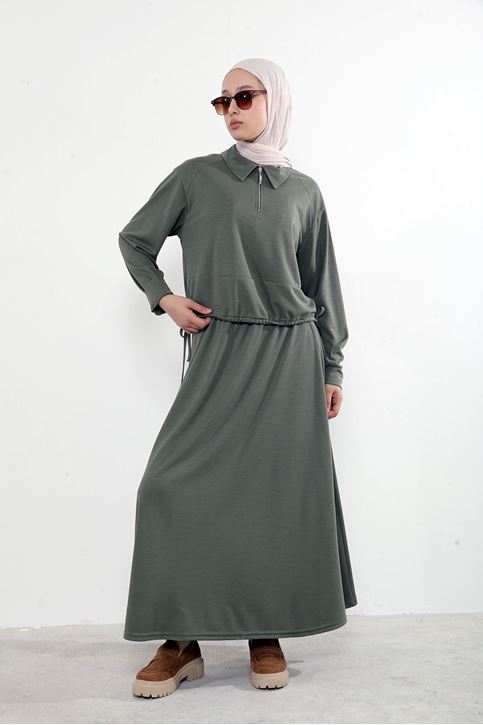 Kadın Polo Yaka Fermuar Detay Tunik Büzgü Detaylı  Tesettür Etekli Takım Haki