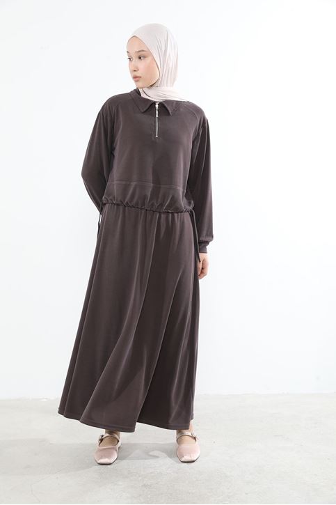 Kadın Polo Yaka Fermuar Detay Tunik Büzgü Detaylı  Tesettür Etekli Takım Kahve