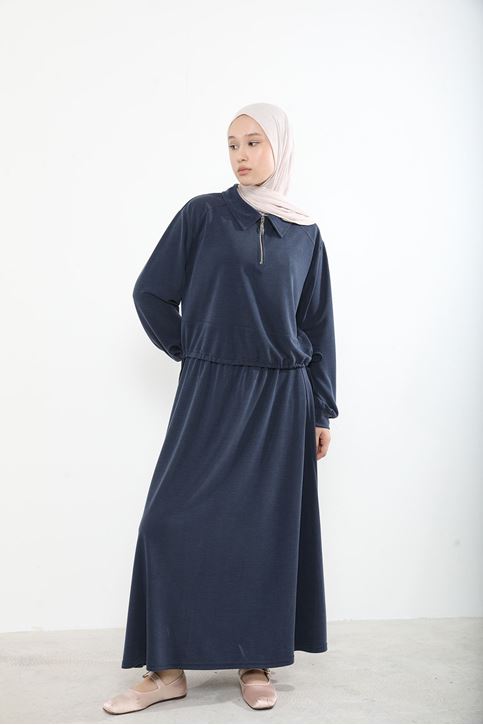 Kadın Polo Yaka Fermuar Detay Tunik Büzgü Detaylı  Tesettür Etekli Takım Lacivert