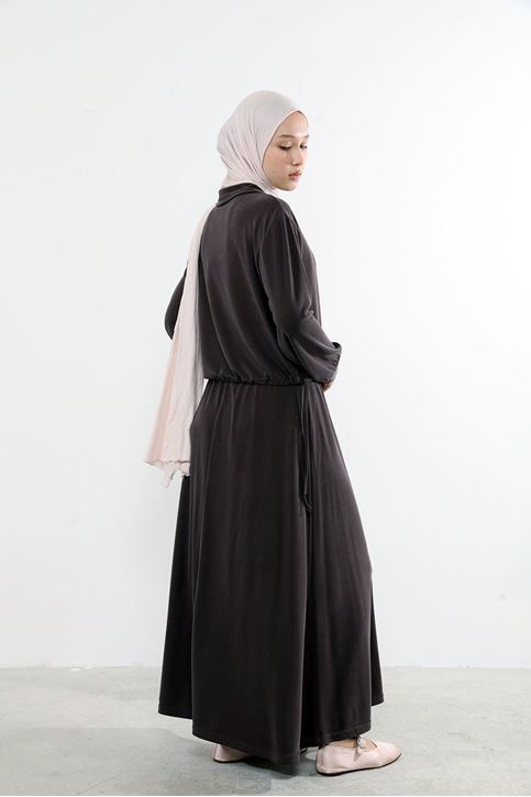 Kadın Polo Yaka Fermuar Detay Tunik Büzgü Detaylı  Tesettür Etekli Takım Siyah