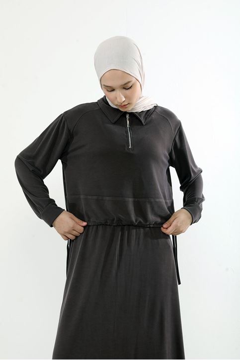 Kadın Polo Yaka Fermuar Detay Tunik Büzgü Detaylı  Tesettür Etekli Takım Siyah