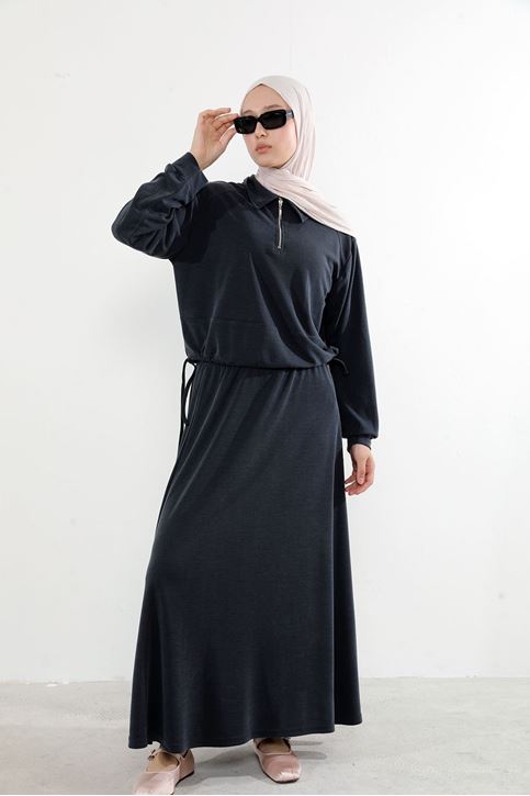 Kadın Polo Yaka Fermuar Detay Tunik Büzgü Detaylı  Tesettür Etekli Takım Siyah