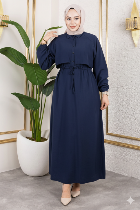 Aller Detay Beli Tünel Elbise-Lacivert