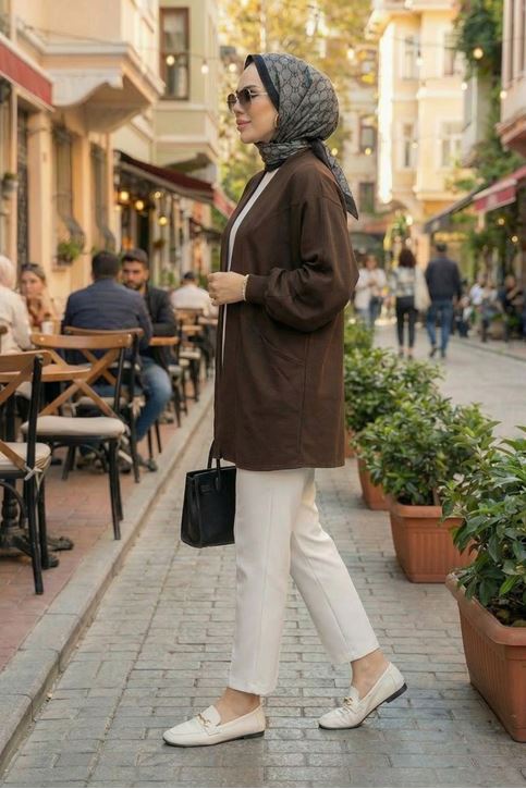 Kadın Cepli Oversize Tesettür Kimono Hırka – Mevsimlik Rahat Kesim Uzun Ceket Kahve