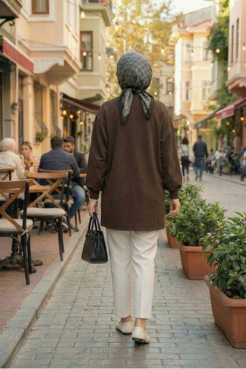 Kadın Cepli Oversize Tesettür Kimono Hırka – Mevsimlik Rahat Kesim Uzun Ceket Kahve