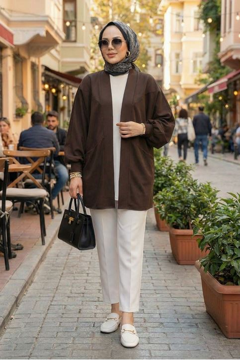 Kadın Cepli Oversize Tesettür Kimono Hırka – Mevsimlik Rahat Kesim Uzun Ceket Kahve
