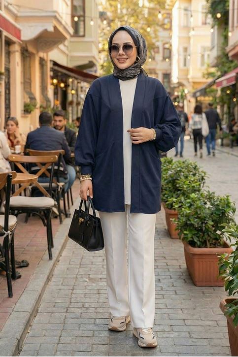 Kadın Cepli Oversize Tesettür Kimono Hırka Mevsimlik Rahat Kesim Uzun Ceket Lacivert