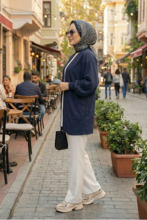 Kadın Cepli Oversize Tesettür Kimono Hırka Mevsimlik Rahat Kesim Uzun Ceket Lacivert