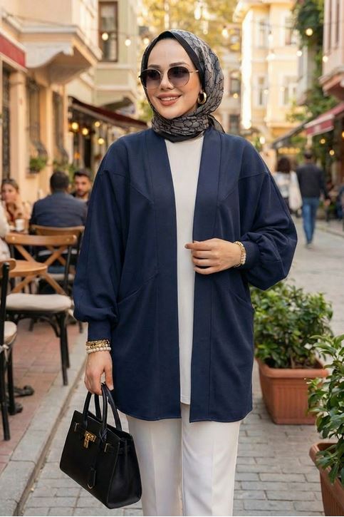 Kadın Cepli Oversize Tesettür Kimono Hırka Mevsimlik Rahat Kesim Uzun Ceket Lacivert