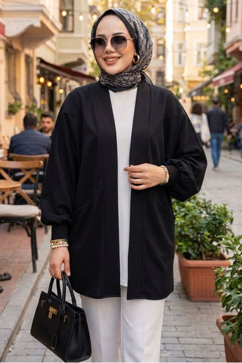 Kadın Cepli Oversize Tesettür Ceket Hırka Mevsimlik Rahat Kesim Uzun Ceket Siyah