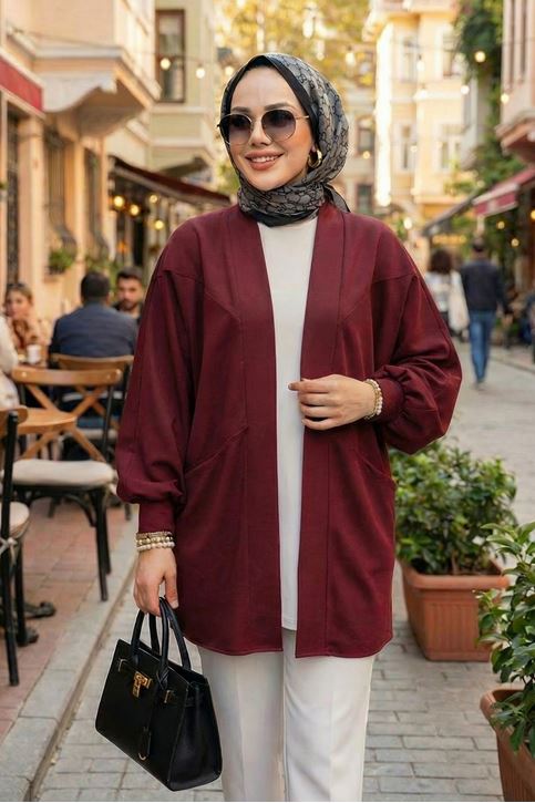 Kadın Cepli Oversize Tesettür Kimono Hırka – Mevsimlik Rahat Kesim Uzun Ceket Bordo