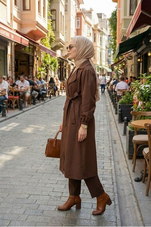 Düğmeli Kruveze Uzun Trenç-Kahve