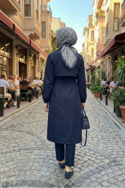 Düğmeli Kruveze Uzun Trenç-Lacivert