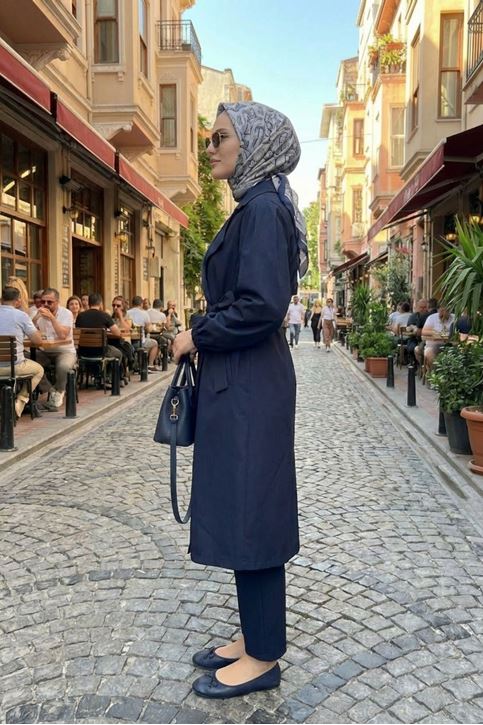 Düğmeli Kruveze Uzun Trenç-Lacivert