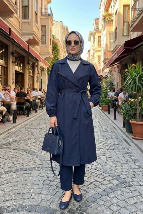 Düğmeli Kruveze Uzun Trenç-Lacivert