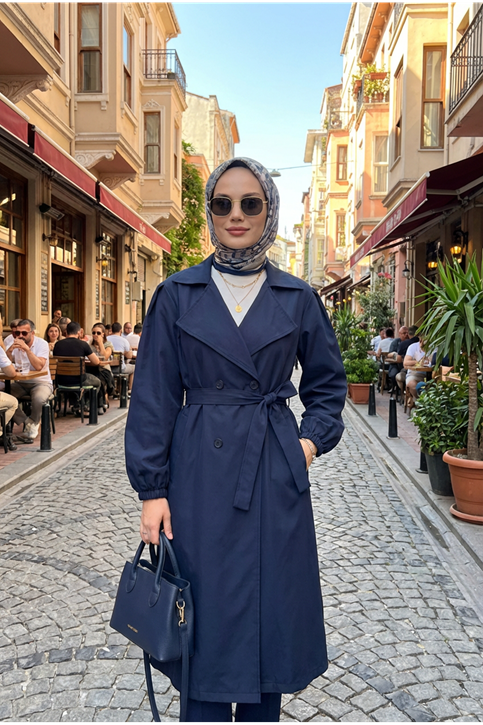 Düğmeli Kruveze Uzun Trenç-Lacivert