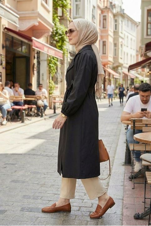 Düğmeli Kruveze Uzun Trenç-Siyah