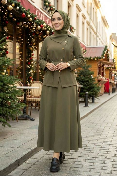 Kadın Çapraz düğme Tesettür İkili Takım Kuşaklı Tunik Uzun Etek Takım Günlük ve Şık Kombin Haki 