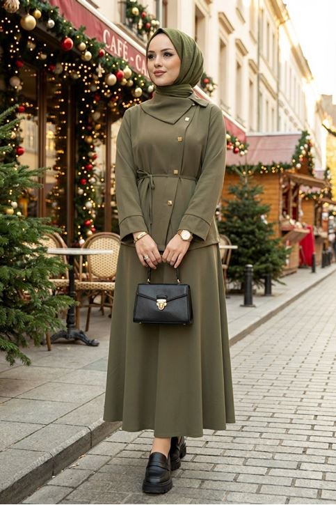 Kadın Çapraz düğme Tesettür İkili Takım Kuşaklı Tunik Uzun Etek Takım Günlük ve Şık Kombin Haki 