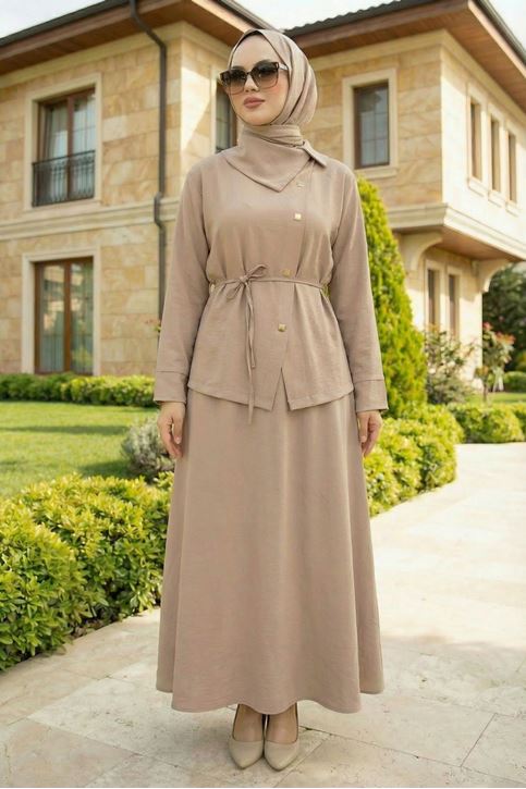 Kadın Çapraz düğme Tesettür İkili Takım Kuşaklı Tunik Uzun Etek Takım Günlük ve Şık Kombin Vizon