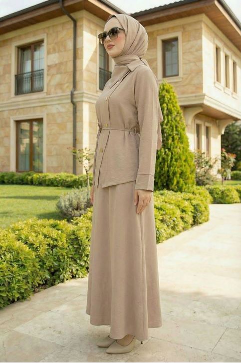 Kadın Çapraz düğme Tesettür İkili Takım Kuşaklı Tunik Uzun Etek Takım Günlük ve Şık Kombin Vizon