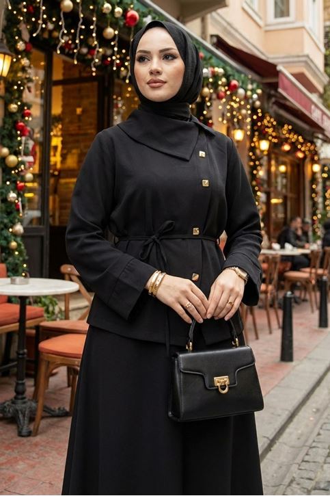 Kadın Çapraz düğme Tesettür İkili Takım Kuşaklı Tunik Uzun Etek Takım Günlük ve Şık Kombin Siyah