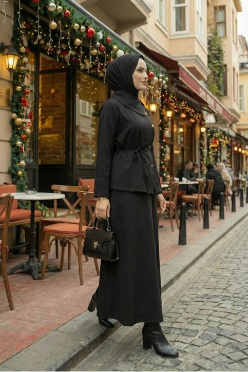 Kadın Çapraz düğme Tesettür İkili Takım Kuşaklı Tunik Uzun Etek Takım Günlük ve Şık Kombin Siyah