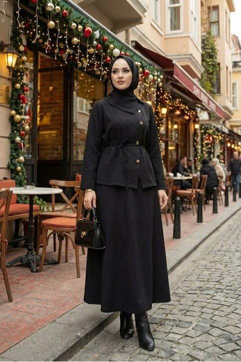Kadın Çapraz düğme Tesettür İkili Takım Kuşaklı Tunik Uzun Etek Takım Günlük ve Şık Kombin Siyah