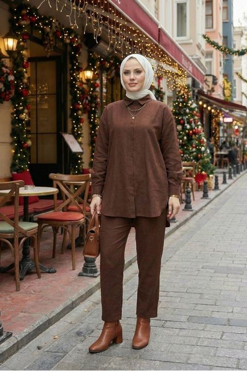 Kadın Kahverengi Keten Tesettür İkili Takım  Gömlek Tunik Pantolon Rahat Kesim