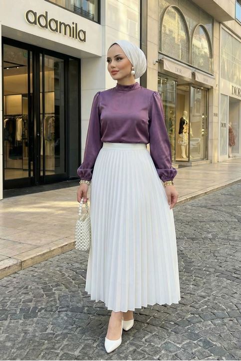 Kadın Lastikli Kol Yarı Dik Yaka Arka Fermuar Detay Saten Tunik Gül Kurusu