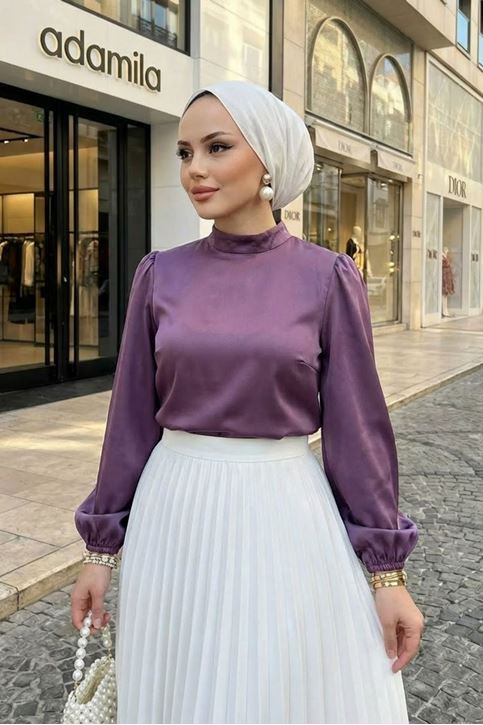 Kadın Lastikli Kol Yarı Dik Yaka Arka Fermuar Detay Saten Tunik Gül Kurusu