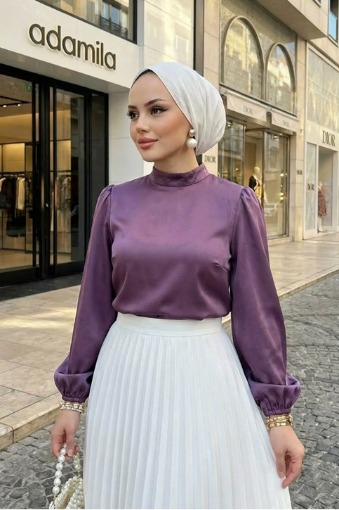 Kadın Lastikli Kol Yarı Dik Yaka Arka Fermuar Detay Saten Tunik Gül Kurusu