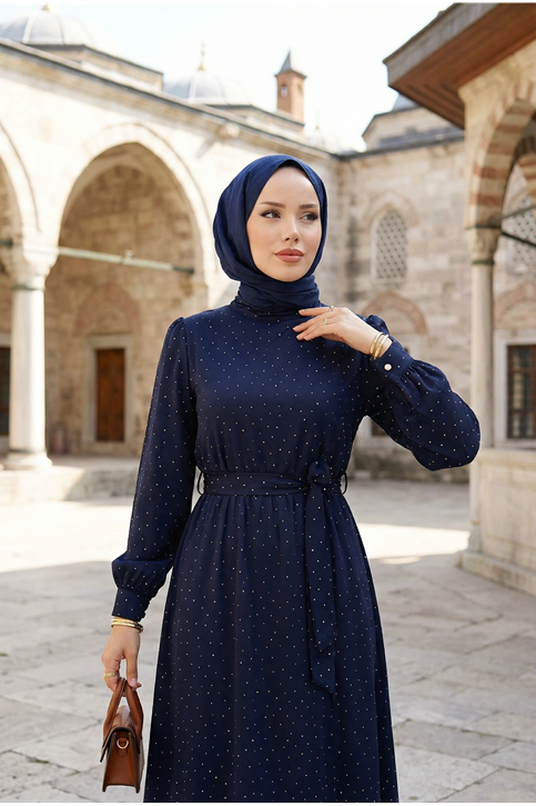 Kadın Saten Taş İşlemeli Kuşaklı Tesettür Düğün Nişan Özel Gün Abiye Elbise Lacivert