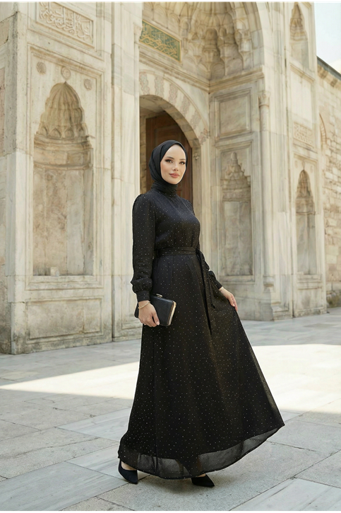Kadın Saten Taş İşlemeli Kuşaklı Tesettür Düğün Nişan Özel Gün Abiye Elbise Siyah