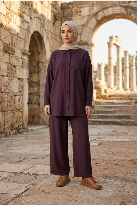 Kadın Bordo İkili Tesettür Takım Oversize Gömlek Pantolon Rahat Kalıp Yazlık Şık Günlük Tesettür Kombin