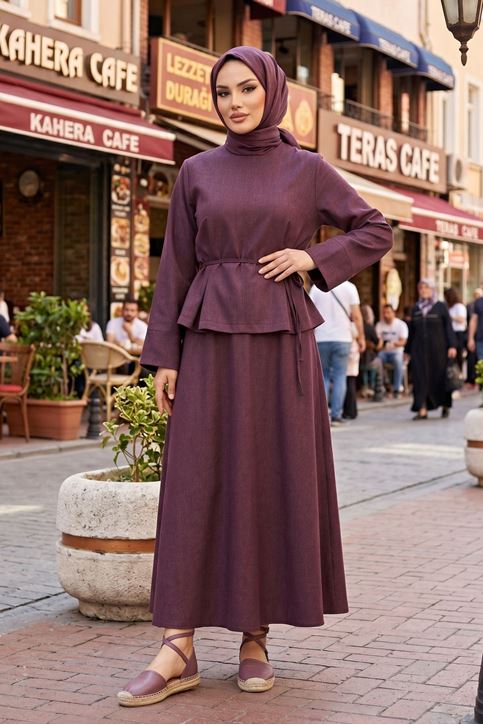 Kadın Bordo Tesettür Takım Kuşaklı İkili Takım Uzun Etekli Şık Kombin Günlük Özel Gün İkili Takımı