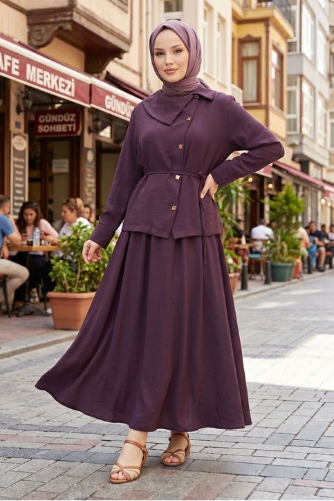 Kadın Tesettür İkili Takım Kuşaklı Ceket Etek Takım Uzun Etekli Şık Kombin Günlük Ofis Bordo