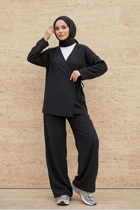 Kadın Siyah Yandan Bağlamalı Çilek Kumaş Kimono Tunik Pantolon Takım Kombin 