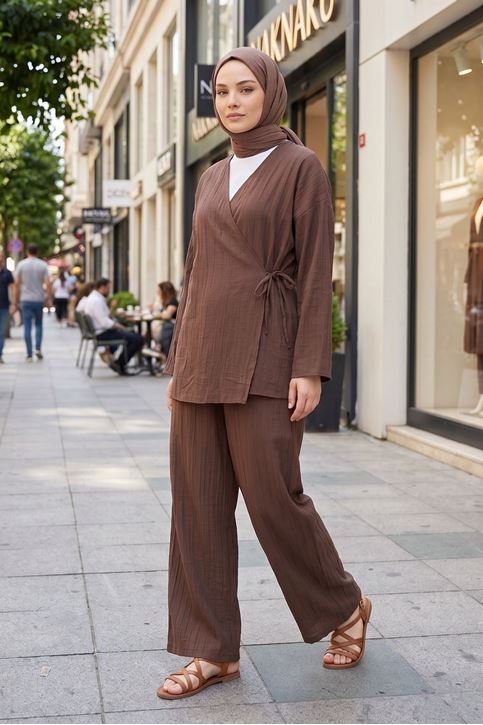 Kadın Kahverengi Yandan Bağlamalı Çilek Kumaş Kimono Tunik Pantolon Takım Kombin 