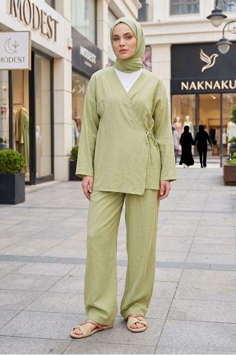 Kadın Yağ Yeşili Yandan Bağlamalı Çilek Kumaş Kimono Tunik Pantolon Takım Kombin 