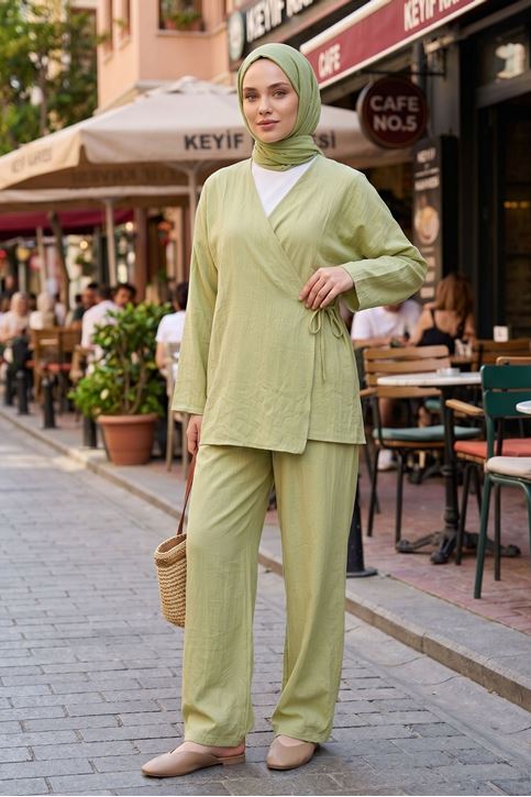 Kadın Yağ Yeşili Yandan Bağlamalı Çilek Kumaş Kimono Tunik Pantolon Takım Kombin 