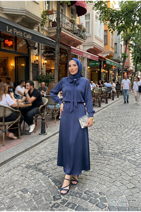 Kadın Yaka Bağlama Detaylı İkili Saten Takım Kombin Rahat Kalıp Günlük Şık Modern Tesettür Takım