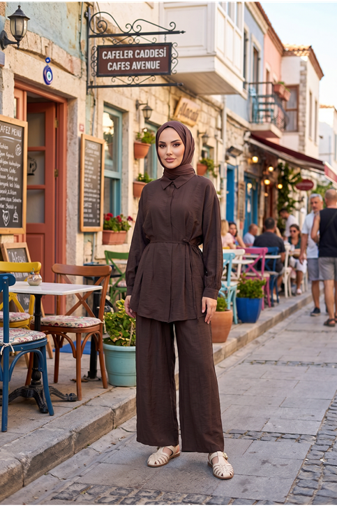 Kadın Kahve Tesettür İkili Takım  Kuşaklı Salaş Tunik Pantolon Takım Oversize Yazlık Tesettür Kombin