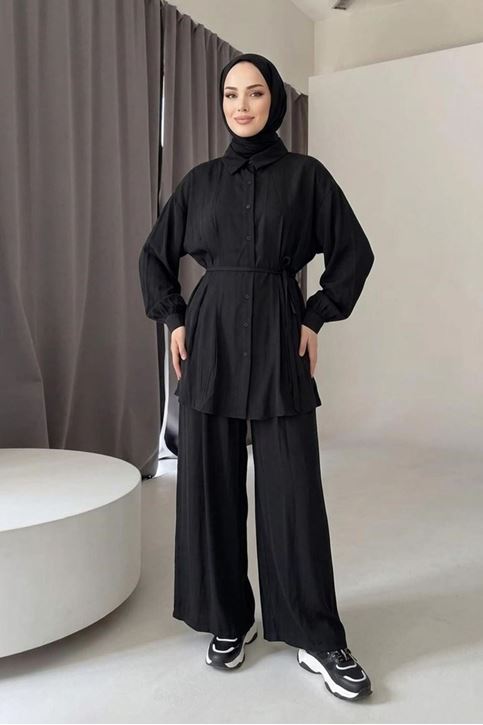 Kadın Siyah Tesettür İkili Takım  Kuşaklı Salaş Tunik Pantolon Takım Oversize Yazlık Tesettür Kombin